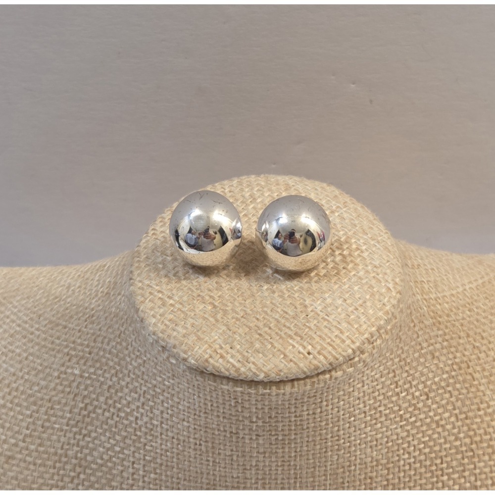 Vintage Domed Sterling Silver Mirrored Stud Puffy Earrings 925